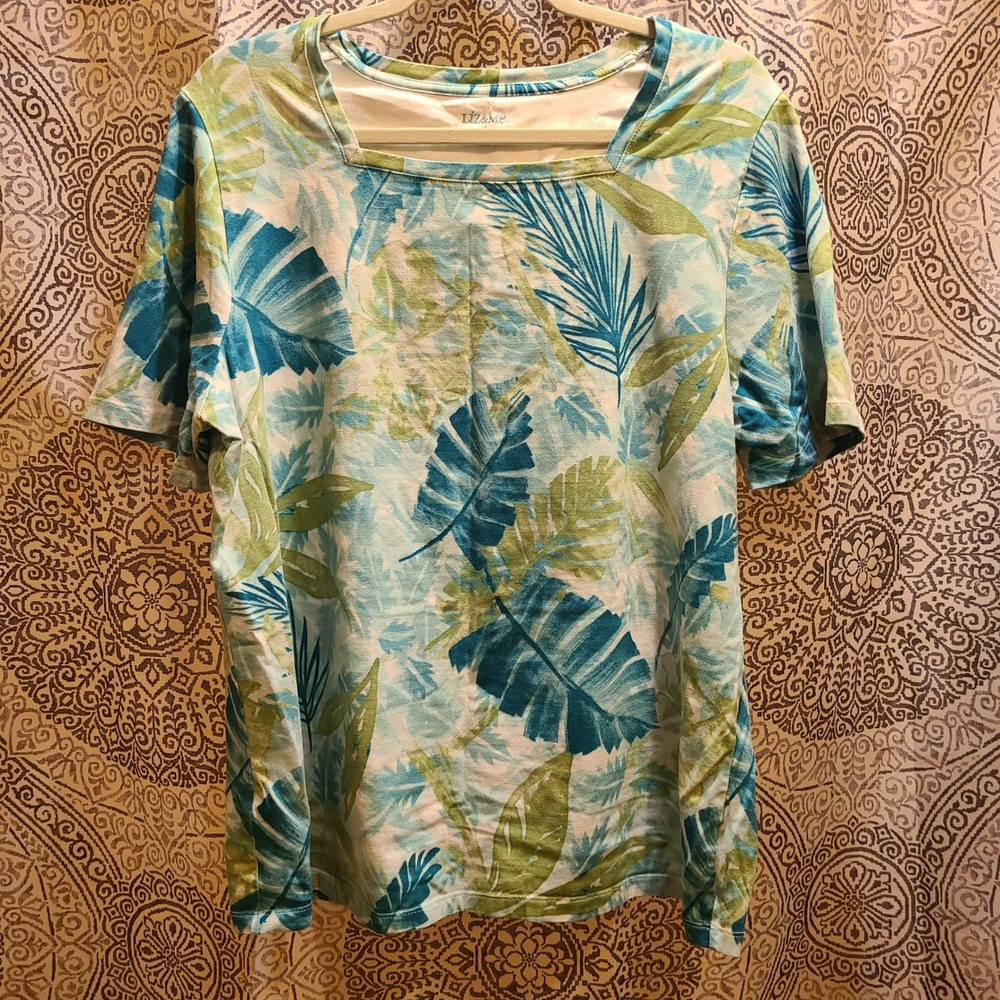 Liz & Me T-Shirt Women 16 Teal Green Tropical Palm Leaf Square Neck Short Sleeve